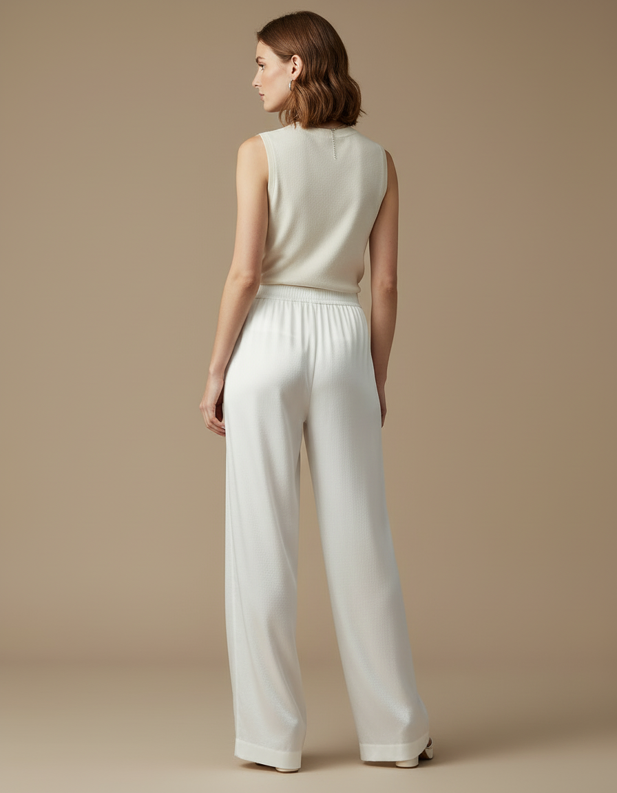Pantalon Blanc Fluide Ample Satiné Élégant Femme - vue 2