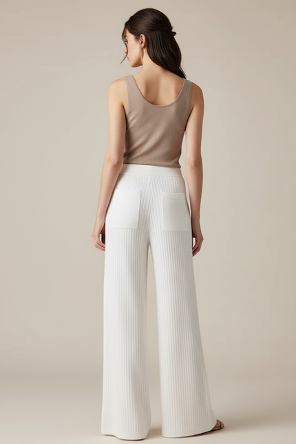 Pantalon Blanc Ample Tricot Côtelé Cordon Décontracté - Maille - vue 2