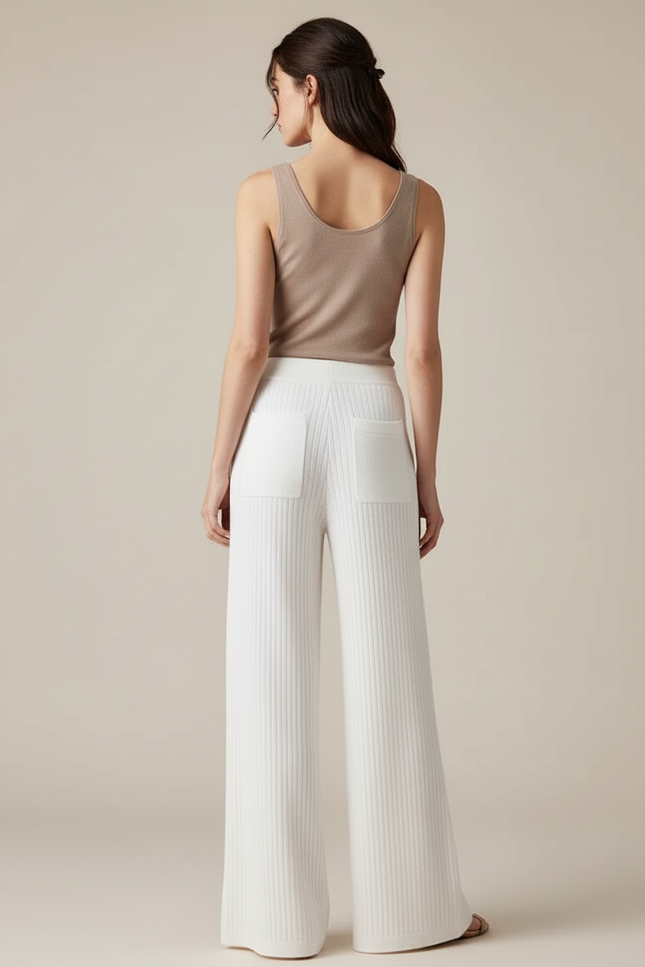 Pantalon Blanc Ample Tricot Côtelé Cordon Décontracté - Maille - vue 2