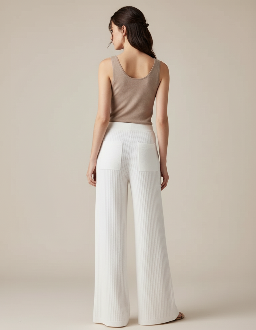 Pantalon Blanc Ample Tricot Côtelé Cordon Décontracté - Maille - vue 2