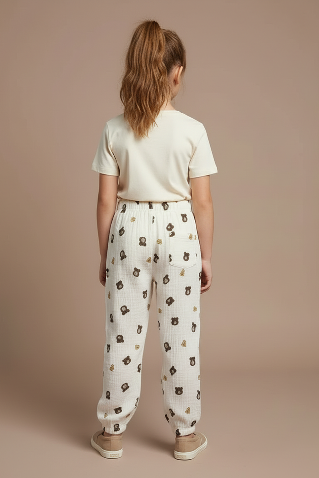 Pantalon Blanc Mousseline Motif Ours Enfant Ample - Coton - vue 2
