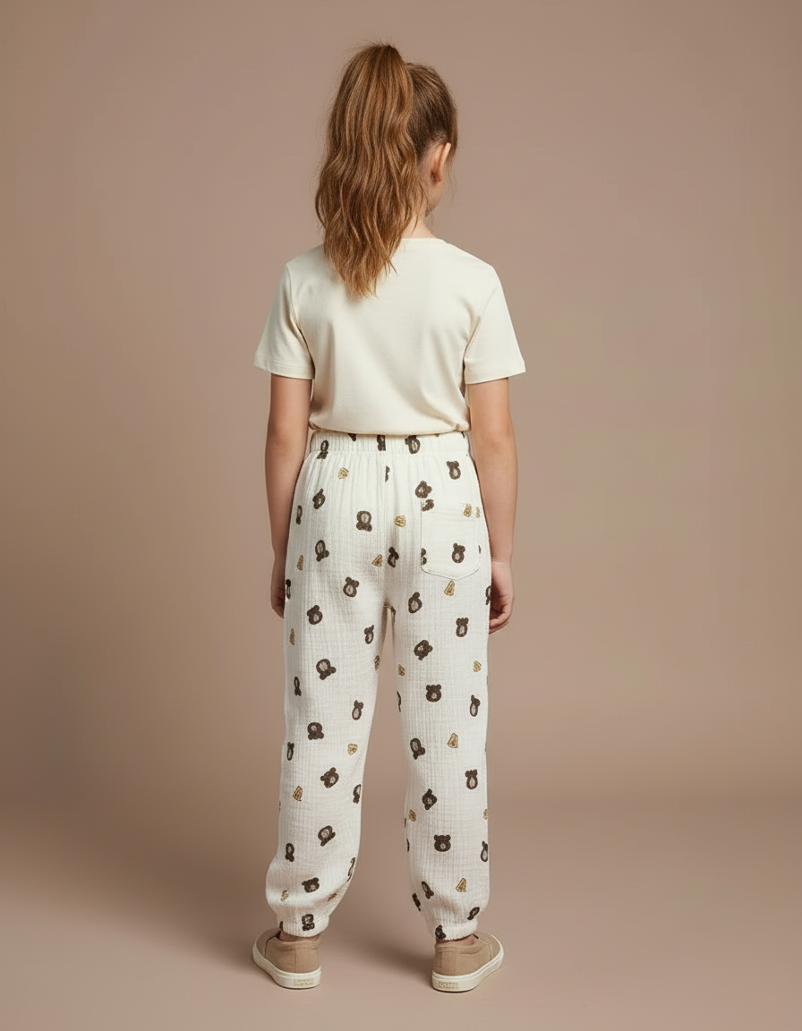 Pantalon Blanc Mousseline Motif Ours Enfant Ample - Coton - vue 2