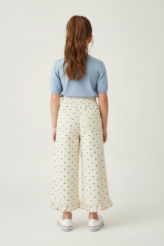 Pantalon Blanc Cœur Imprimé Ample Volants Enfant - Beige Coton - vue 2