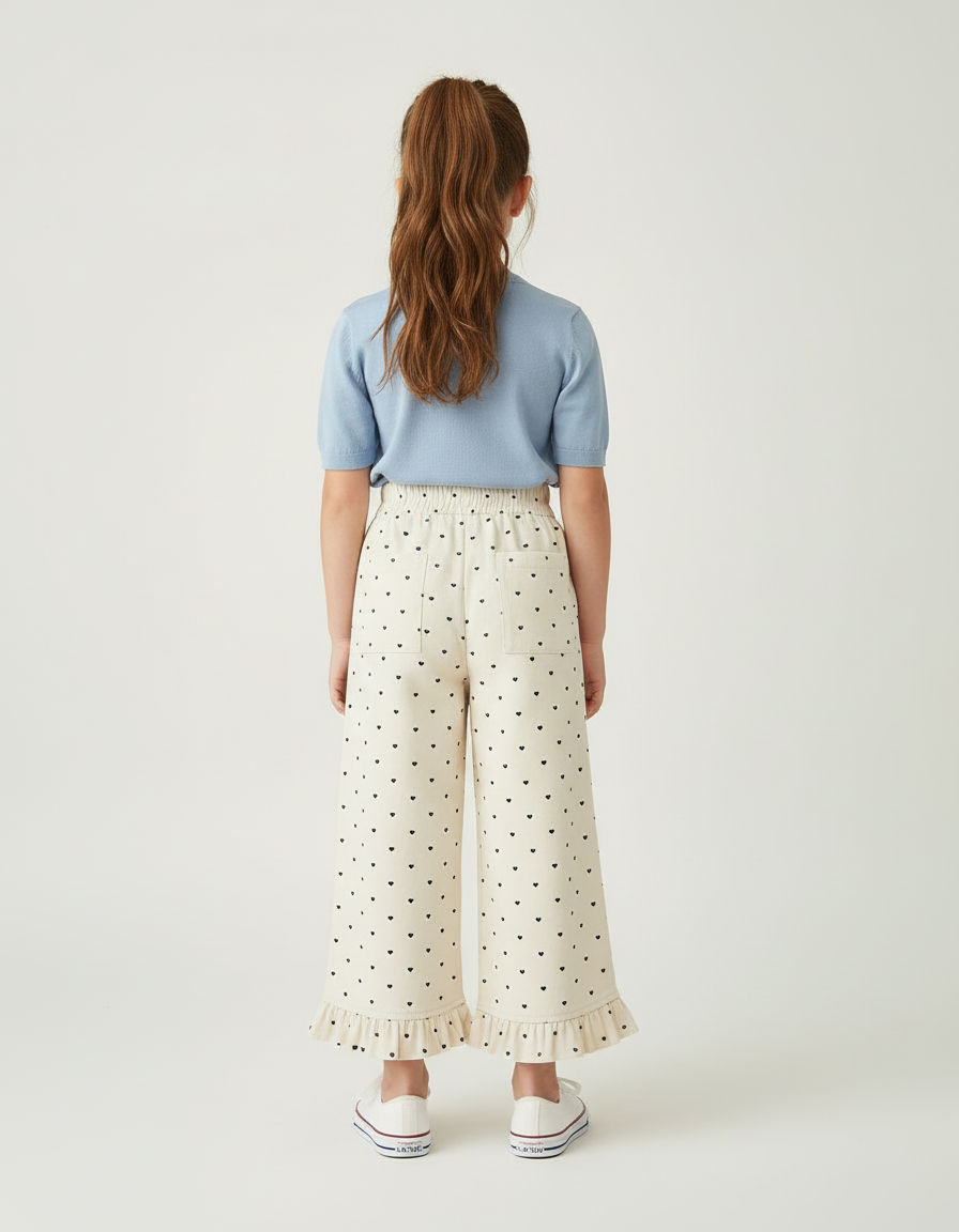 Pantalon Blanc Cœur Imprimé Ample Volants Enfant - Beige Coton - vue 2
