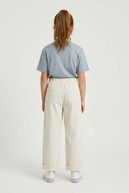 Pantalon Blanc Côtelé Ample Droit Enfant Décontracté - Beige Cordé - vue 2
