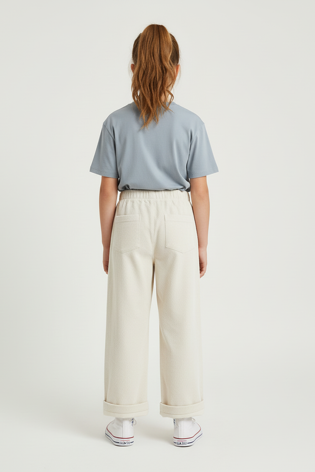 Pantalon Blanc Côtelé Ample Droit Enfant Décontracté - Beige Cordé - vue 2