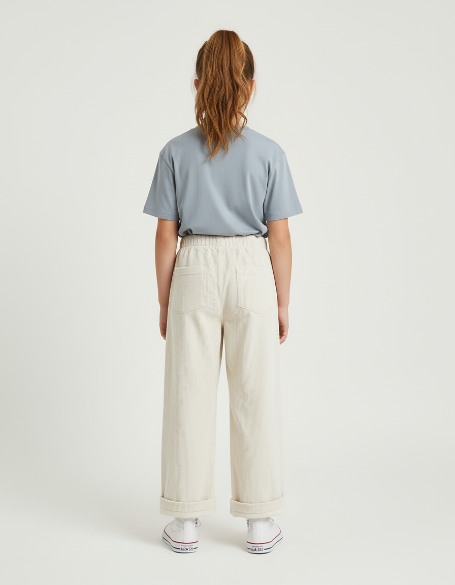 Pantalon Blanc Côtelé Ample Droit Enfant Décontracté - Beige Cordé - vue 2