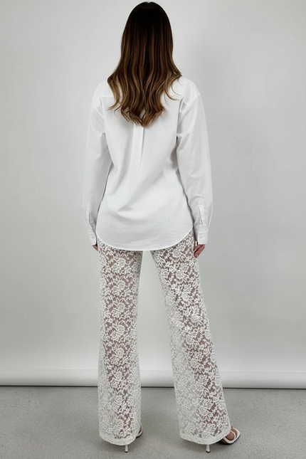 Pantalon Blanc Dentelle Évasé Taille Haute Élégant - Polyester