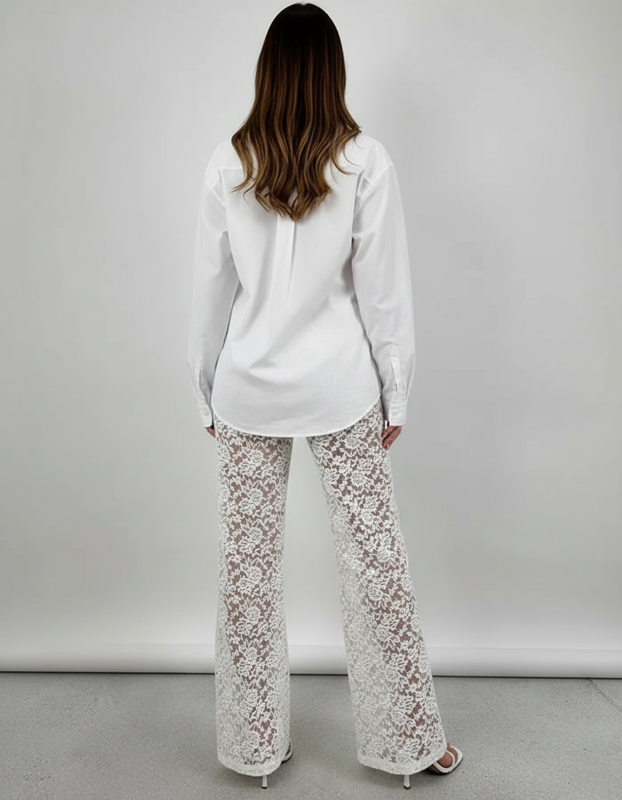 Pantalon Blanc Dentelle Évasé Taille Haute Élégant - Polyester