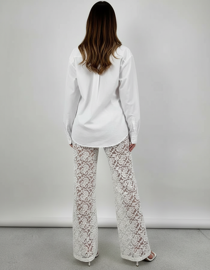 Pantalon Blanc Dentelle Évasé Taille Haute Élégant - Polyester