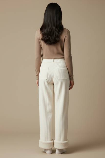 Pantalon Blanc Côtelé Ample Doublé Polaire Hiver - Cordé - vue 2