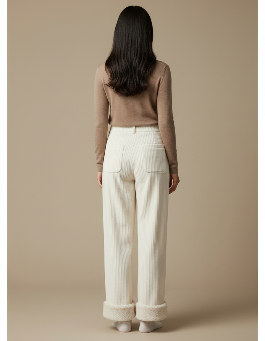 Pantalon Blanc Côtelé Ample Doublé Polaire Hiver - Cordé - vue 2