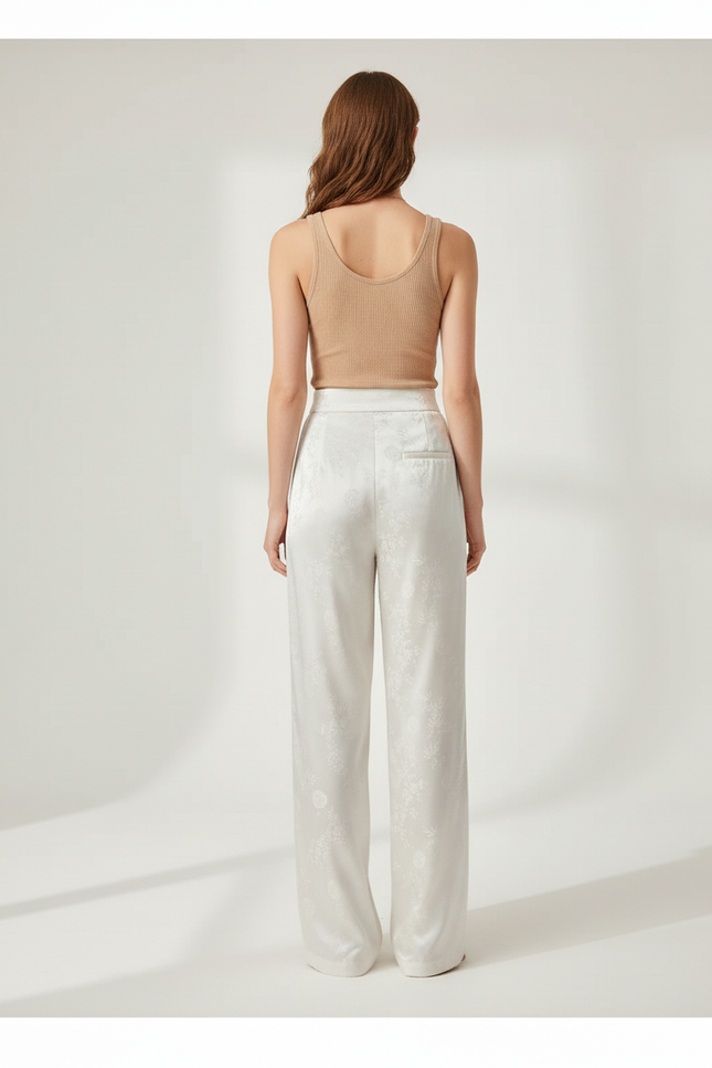 Pantalon Blanc Satin Jacquard Ample Élégant - vue 2