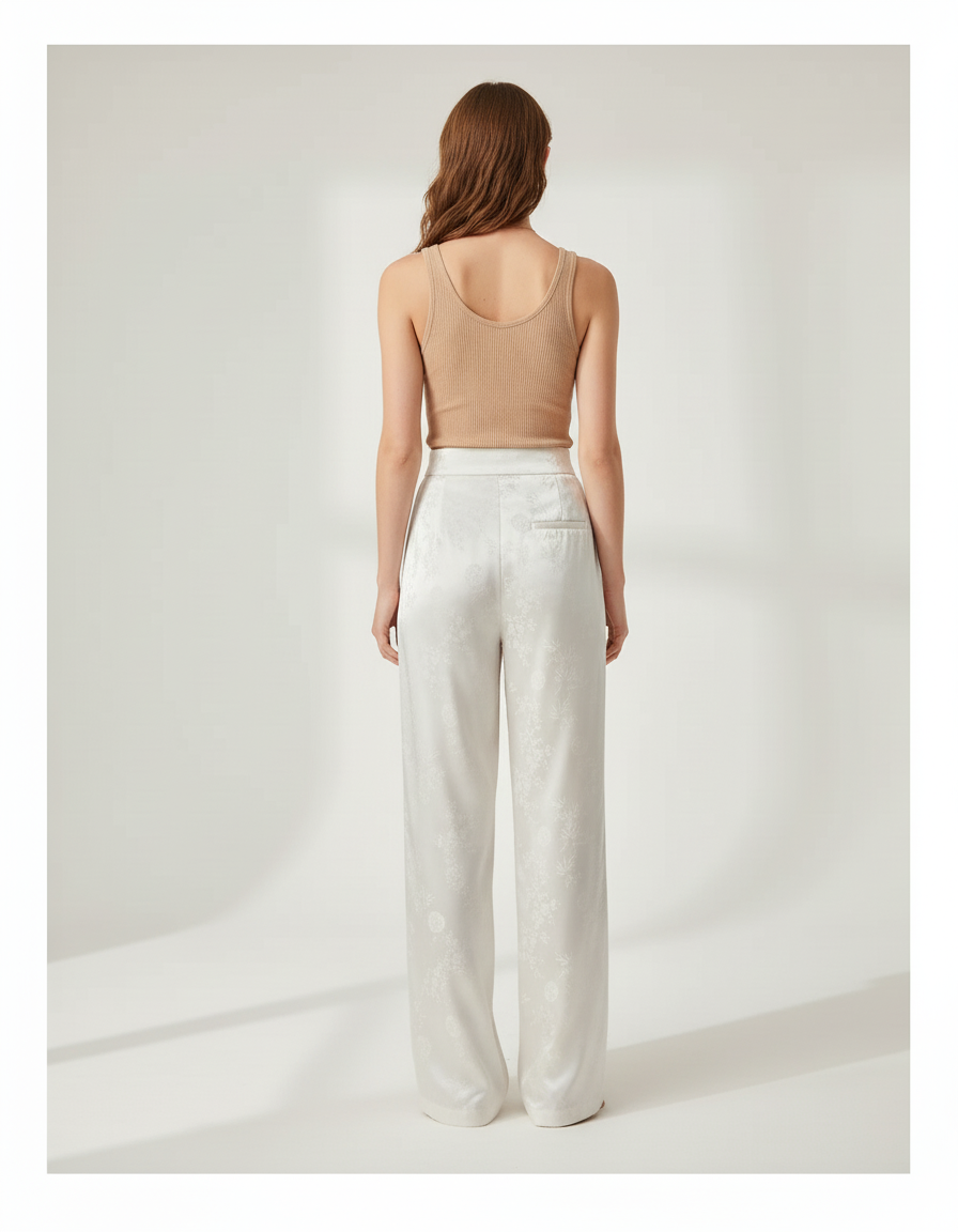Pantalon Blanc Satin Jacquard Ample Élégant - vue 2