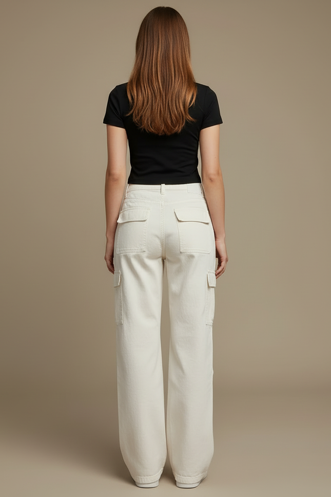 Pantalon Blanc Cargo Ample Femme Décontracté - Toile - vue 2