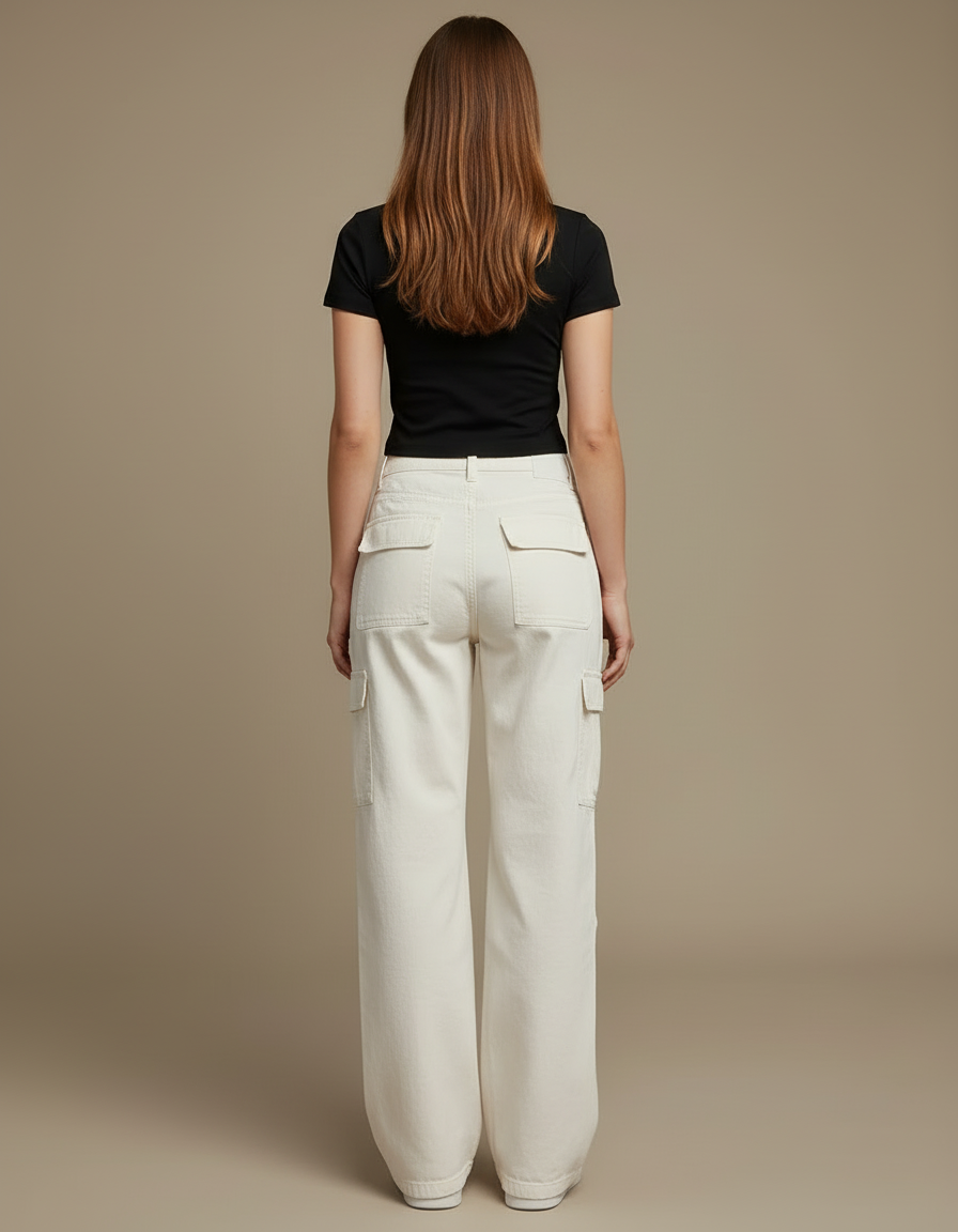 Pantalon Blanc Cargo Ample Femme Décontracté - Toile - vue 2