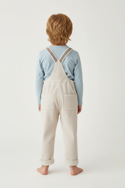 Pantalon Blanc Salopette Côtelée Ample Décontractée Enfant - Beige Cordé - vue 2