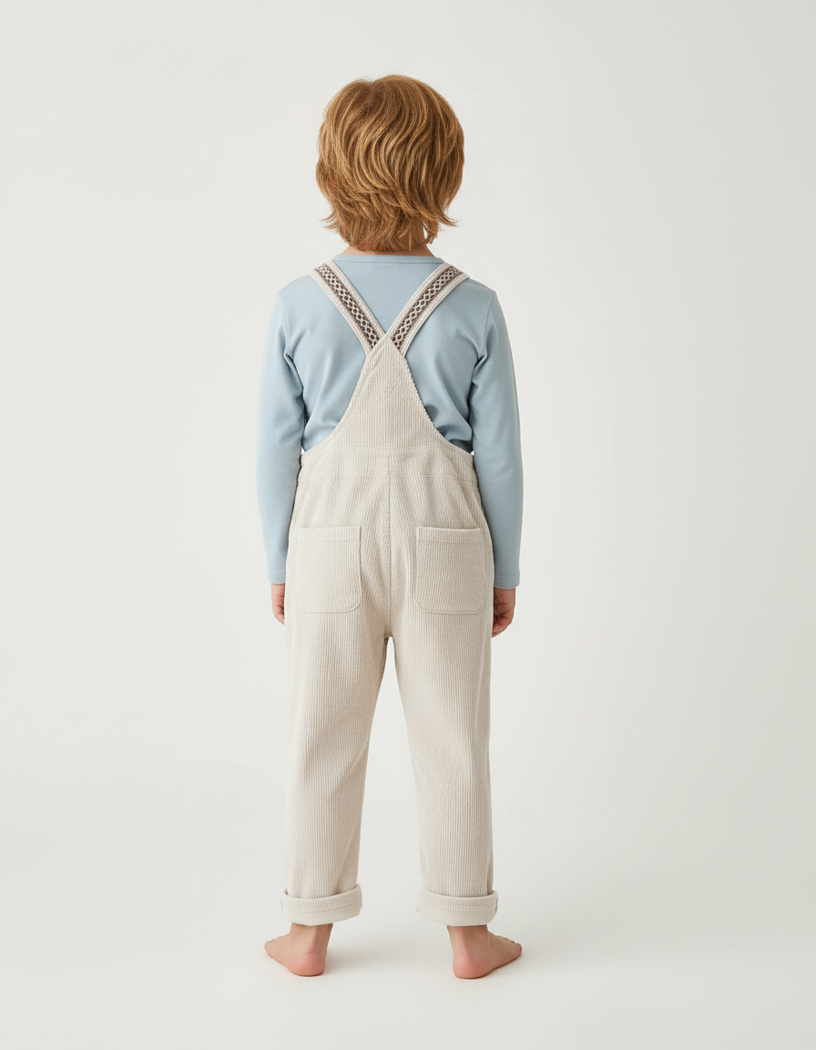 Pantalon Blanc Salopette Côtelée Ample Décontractée Enfant - Beige Cordé - vue 2