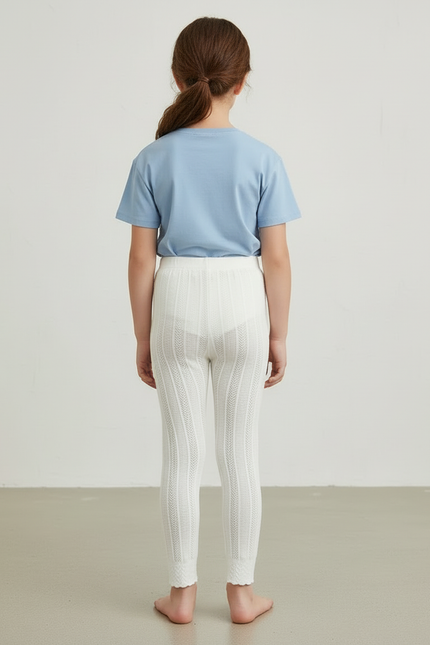 Pantalon Blanc Fille Dentelle Coton Stretch Scallopé - Maille - vue 2