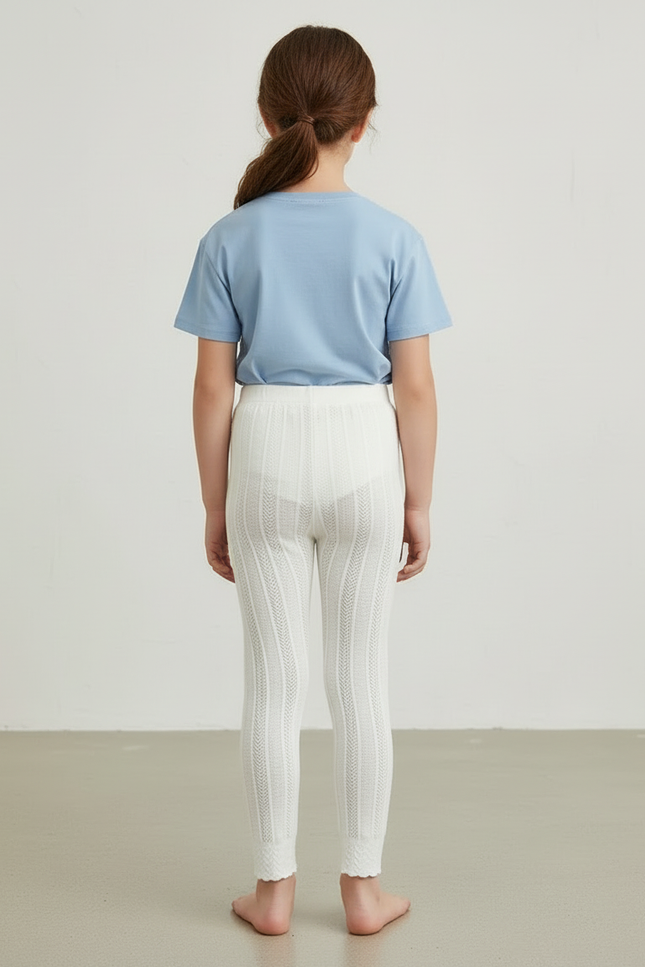 Pantalon Blanc Fille Dentelle Coton Stretch Scallopé - Maille - vue 2