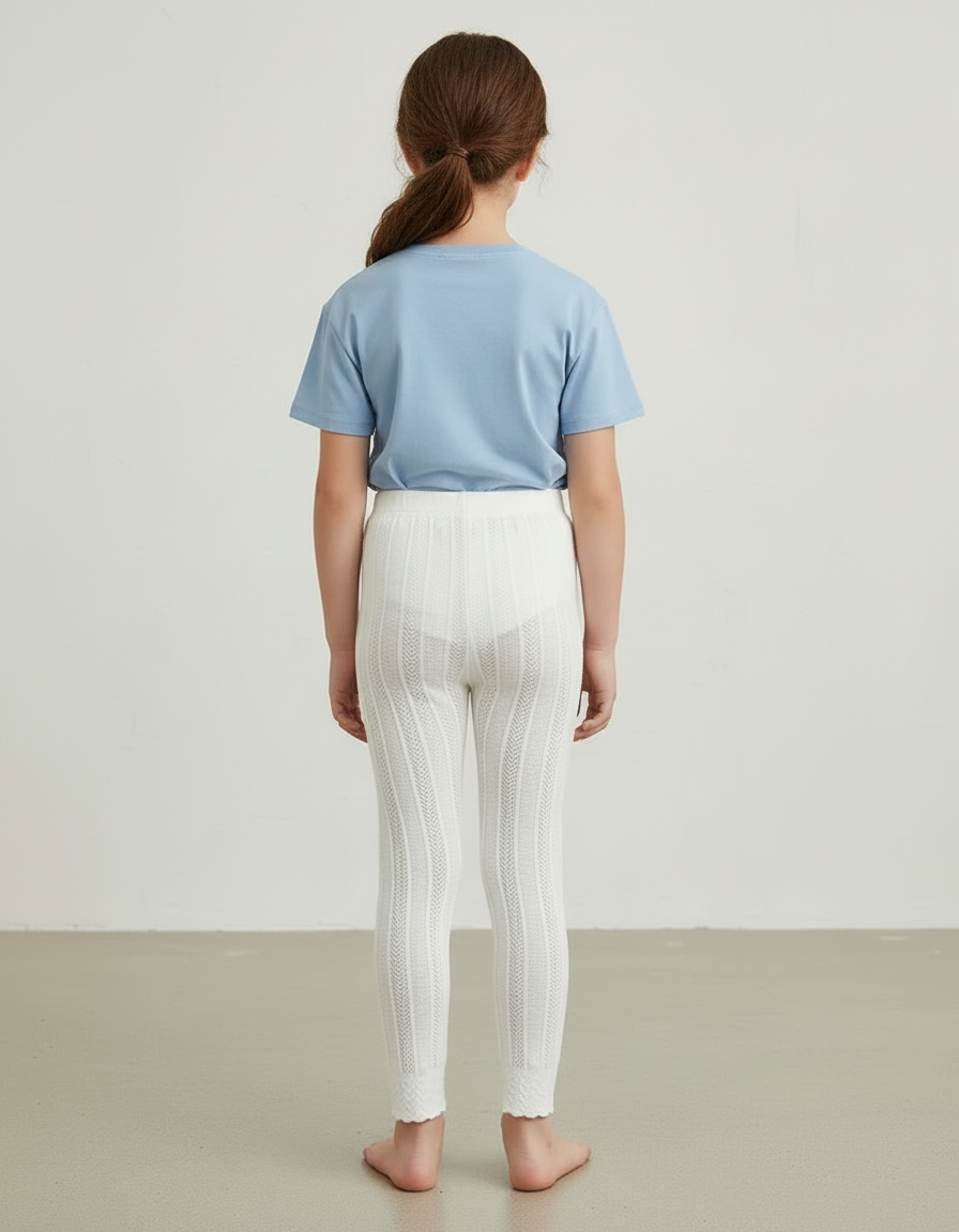 Pantalon Blanc Fille Dentelle Coton Stretch Scallopé - Maille - vue 2