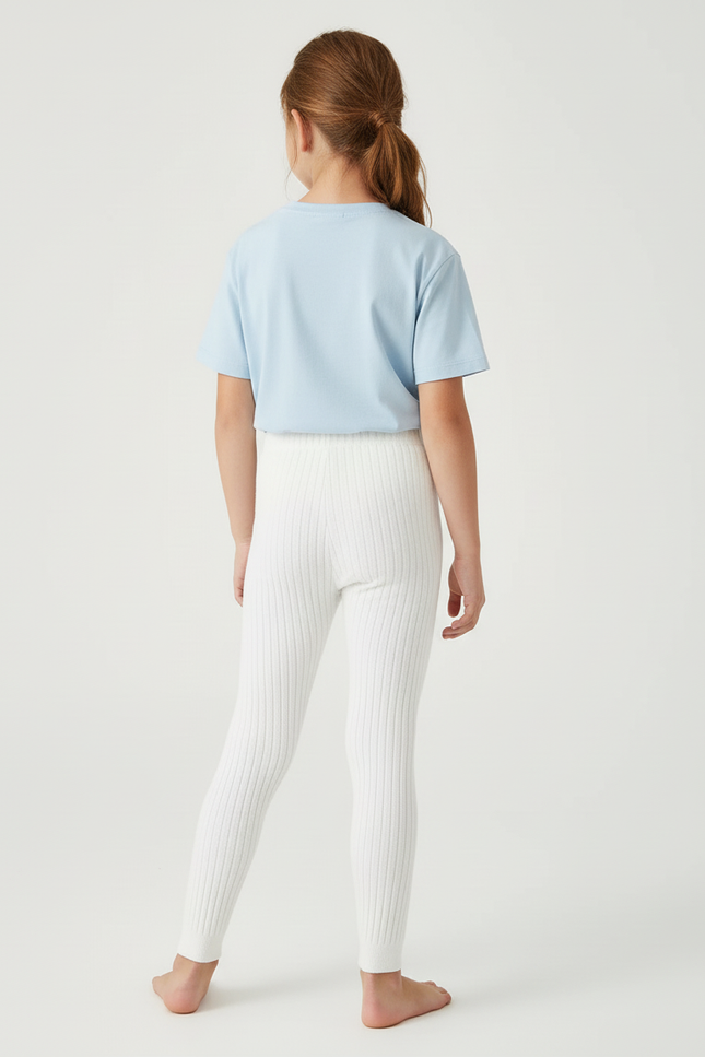 Pantalon Blanc Côtelé Tricoté Confortable Enfant Fille - Maille - vue 2