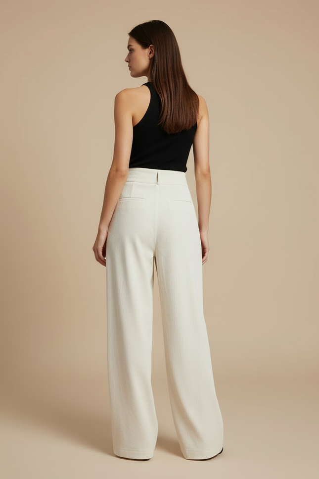 Pantalon Blanc Plissé Large Décontracté Femme Élégant - Cordé - vue 2