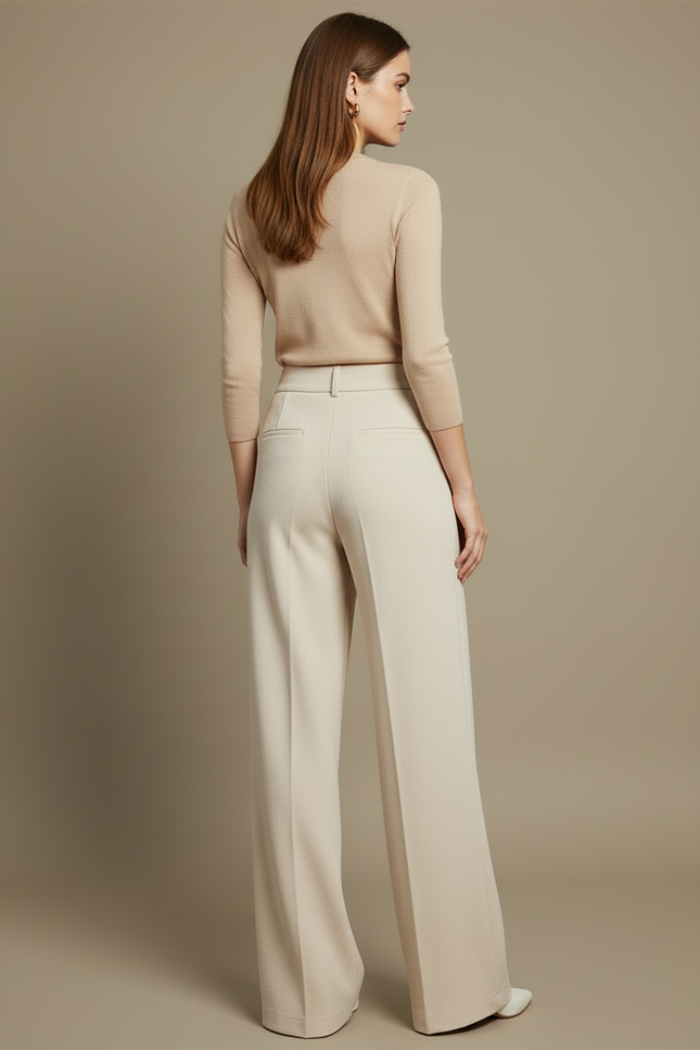 Pantalon Blanc Laine Large Taille Haute Drapé Femme - Beige - vue 2