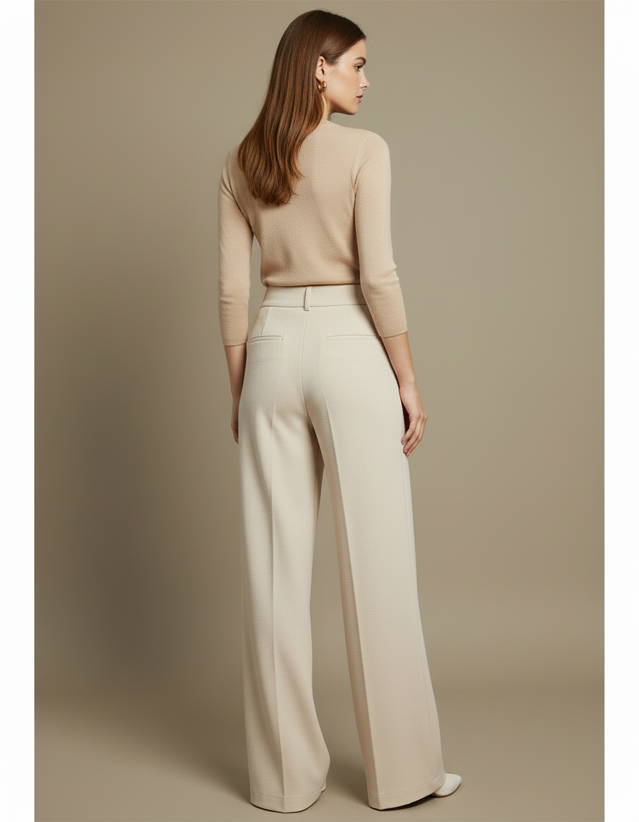 Pantalon Blanc Laine Large Taille Haute Drapé Femme - Beige - vue 2