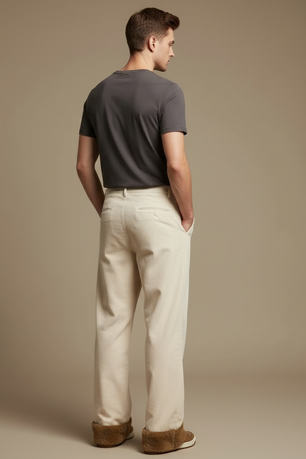 Pantalon Blanc Côtelé Ample Homme Décontracté - Beige Cordé - vue 2