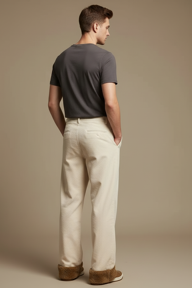 Pantalon Blanc Côtelé Ample Homme Décontracté - Beige Cordé - vue 2