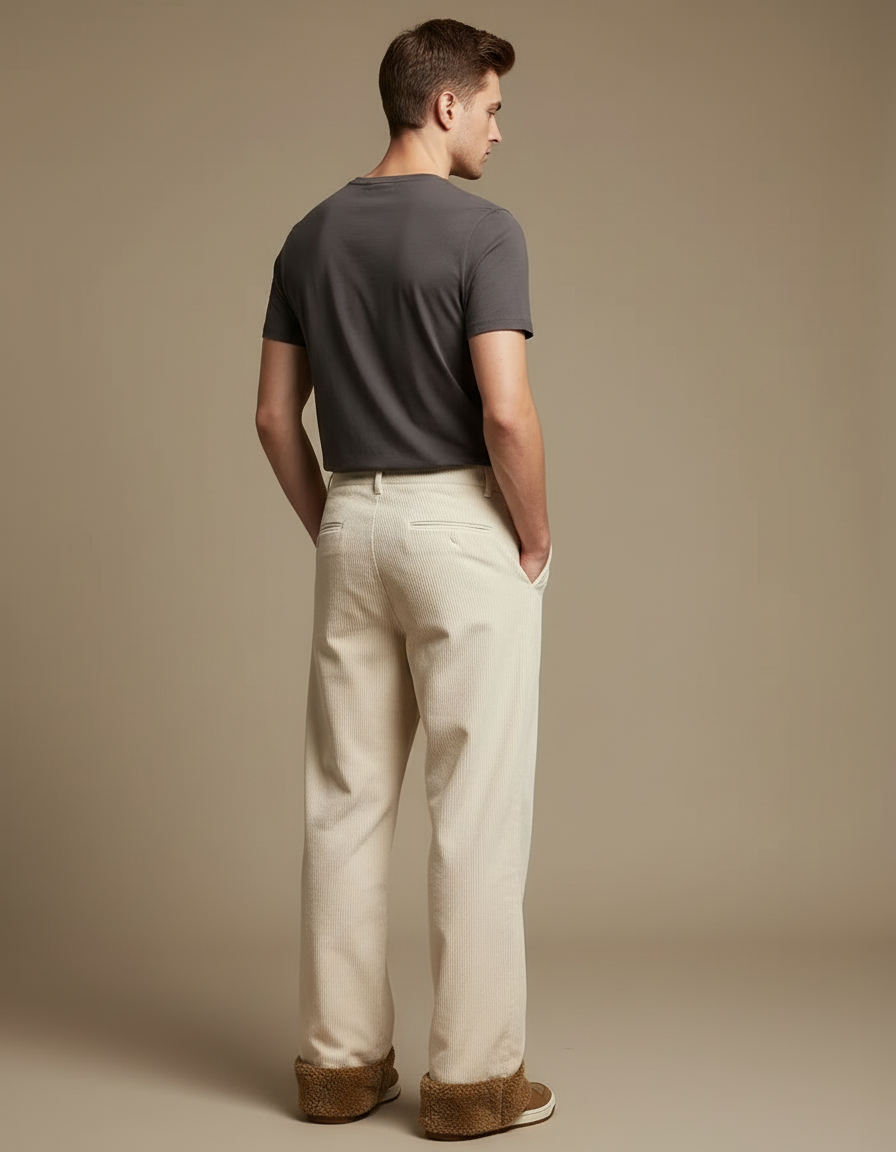 Pantalon Blanc Côtelé Ample Homme Décontracté - Beige Cordé - vue 2