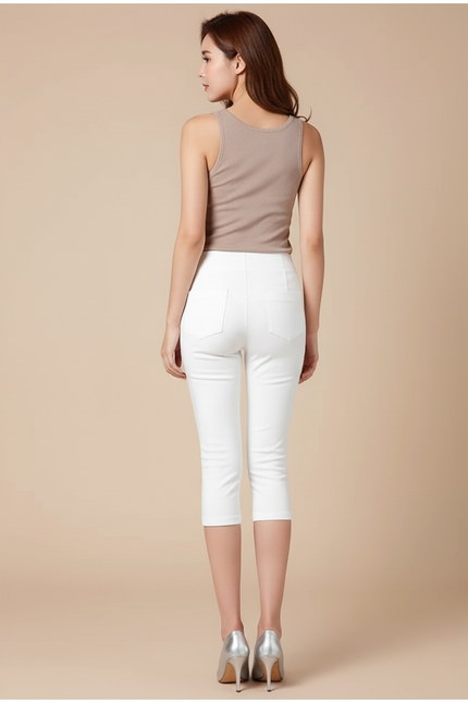 Pantalon Blanc Capri Taille Haute Stretch Femme - Polyester - vue 2