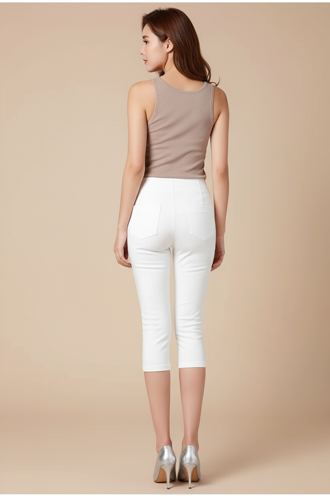 Pantalon Blanc Capri Taille Haute Stretch Femme - Polyester - vue 2