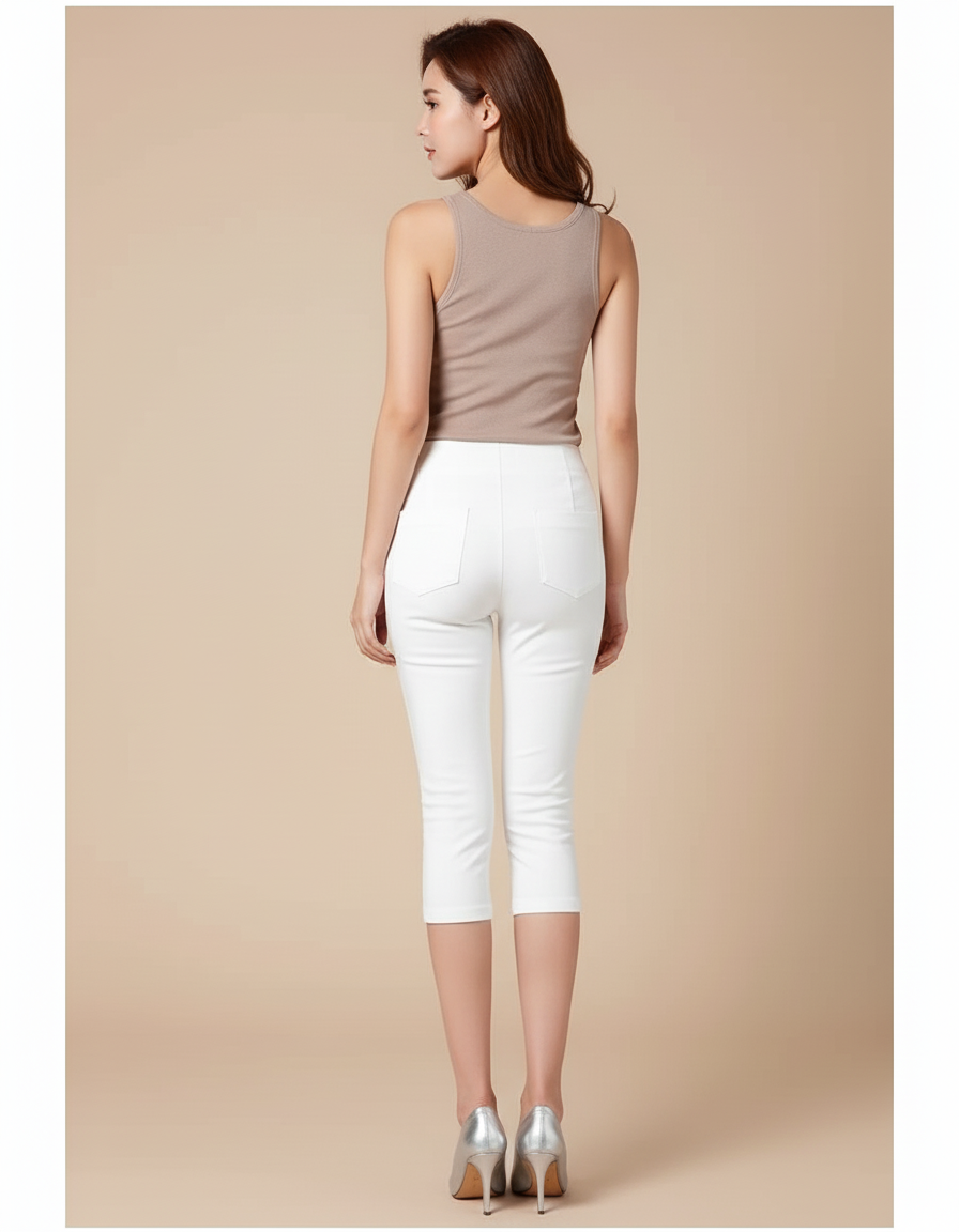 Pantalon Blanc Capri Taille Haute Stretch Femme - Polyester - vue 2