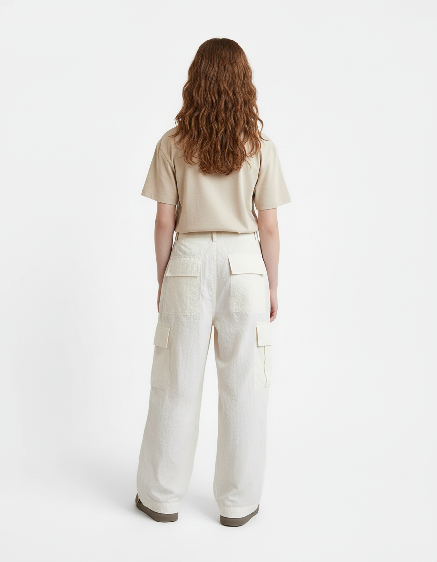 Pantalon Blanc Cargo Ample Décontracté Poches - Polyester - vue 2