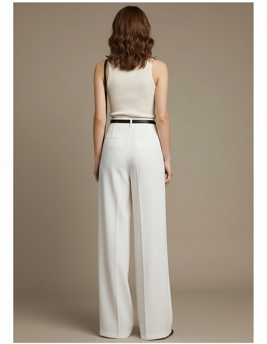 Pantalon Blanc Fluide Large Plissé Élégant Femme - Polyester - vue 2