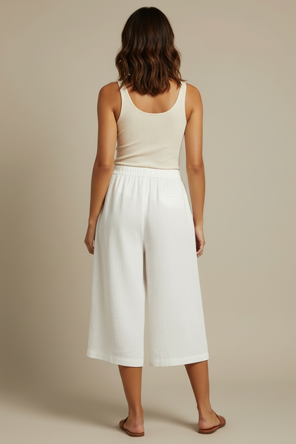 Pantalon Blanc Lin Ample Taille Élastique Décontracté - vue 2