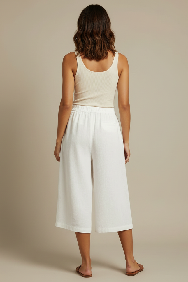 Pantalon Blanc Lin Ample Taille Élastique Décontracté - vue 2