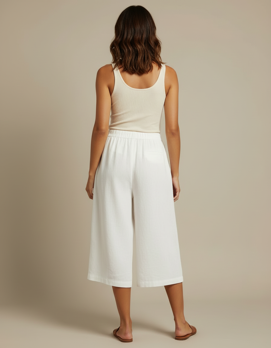 Pantalon Blanc Lin Ample Taille Élastique Décontracté - vue 2
