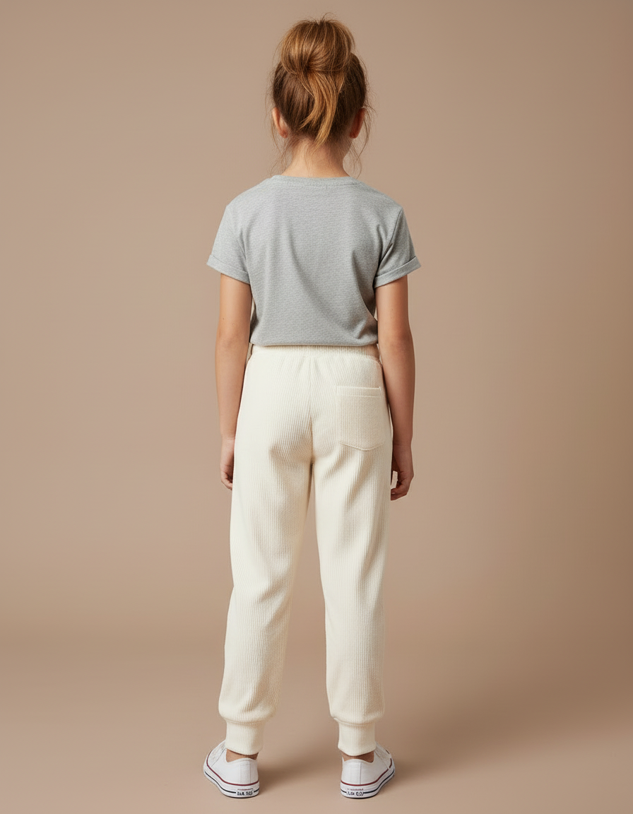 Pantalon Blanc Côtelé Enfant Confortable Décontracté - Beige Cordé - vue 2