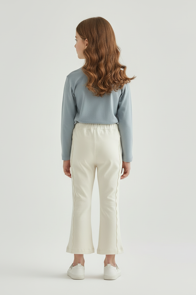 Pantalon Blanc Évasé Coton Nœuds Fille Confortable - Beige - vue 2