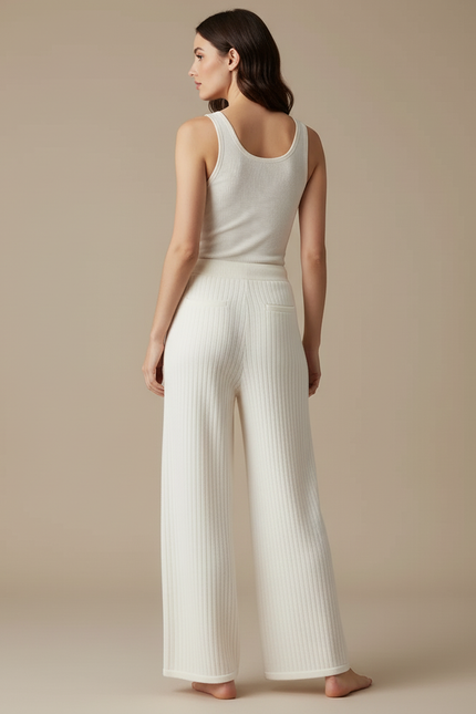 Pantalon Blanc Côtelé Tricoté Ample Décontracté Élégant - Maille - vue 2