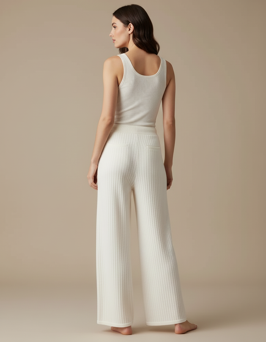 Pantalon Blanc Côtelé Tricoté Ample Décontracté Élégant - Maille - vue 2