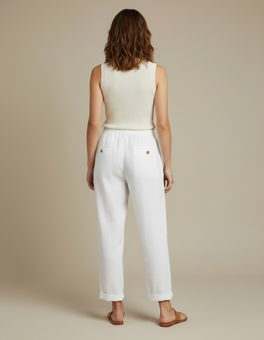 Pantalon Blanc Lin Fluide Décontracté Femme Confortable - vue 2