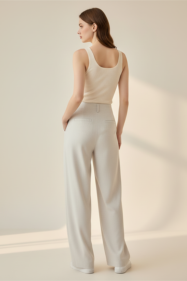 Pantalon Blanc Taille Haute Ample Minimaliste Lin - vue 2