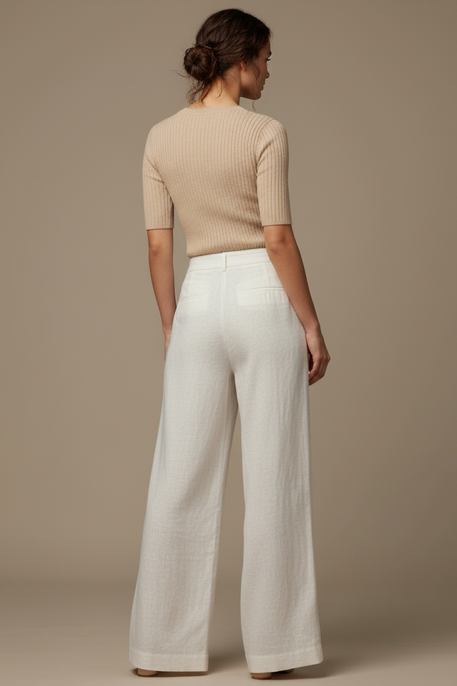 Pantalon Blanc Large Fluide Plissé Lin Élégant - vue 2