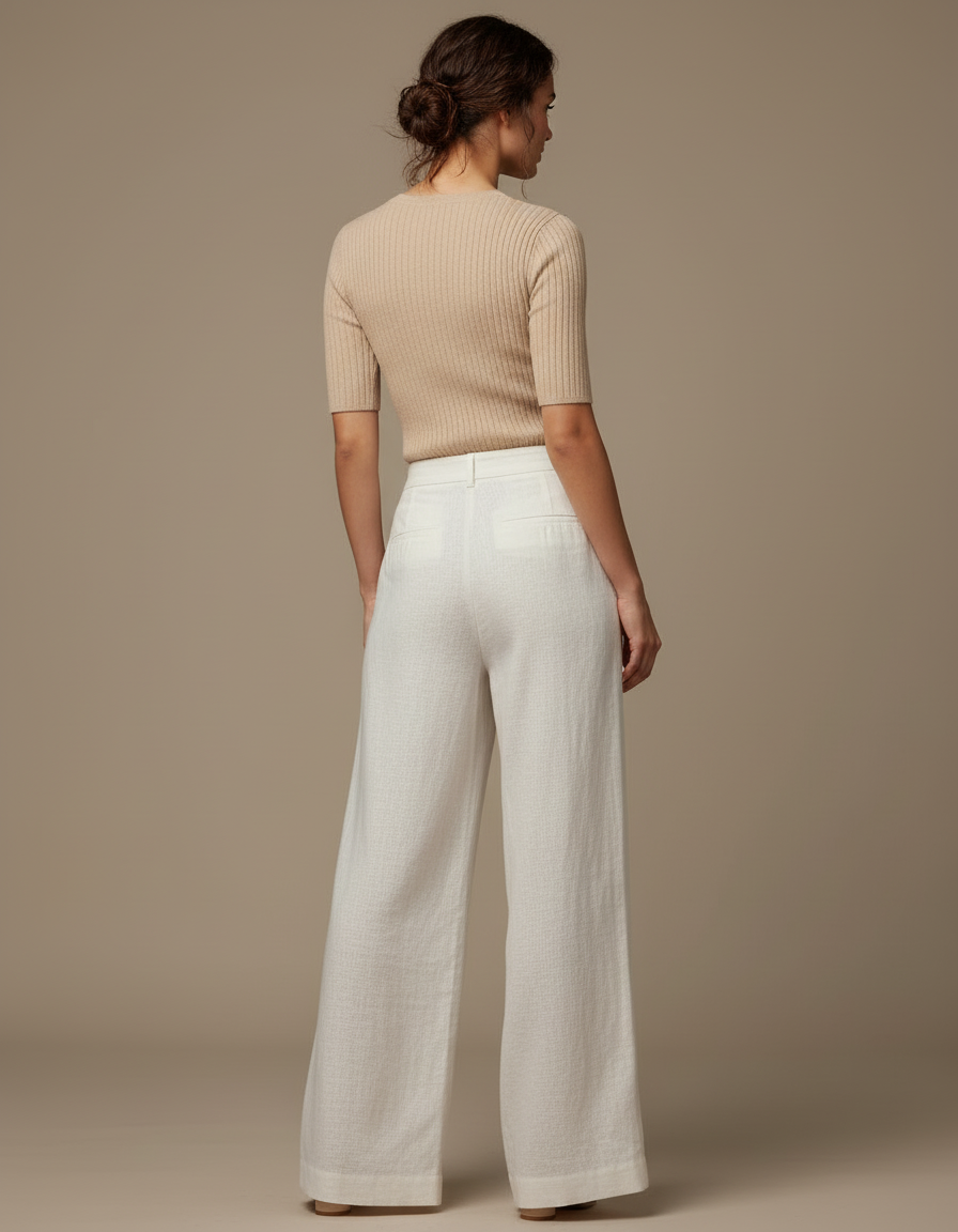 Pantalon Blanc Large Fluide Plissé Lin Élégant - vue 2