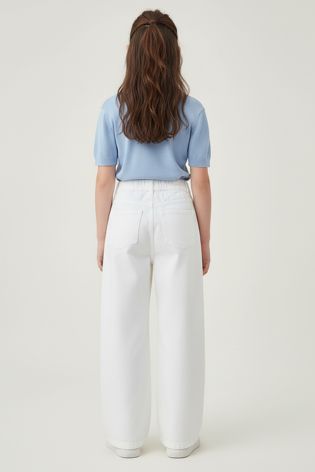 Pantalon Blanc Large Droit Coton Fille Décontracté - Jean - vue 2