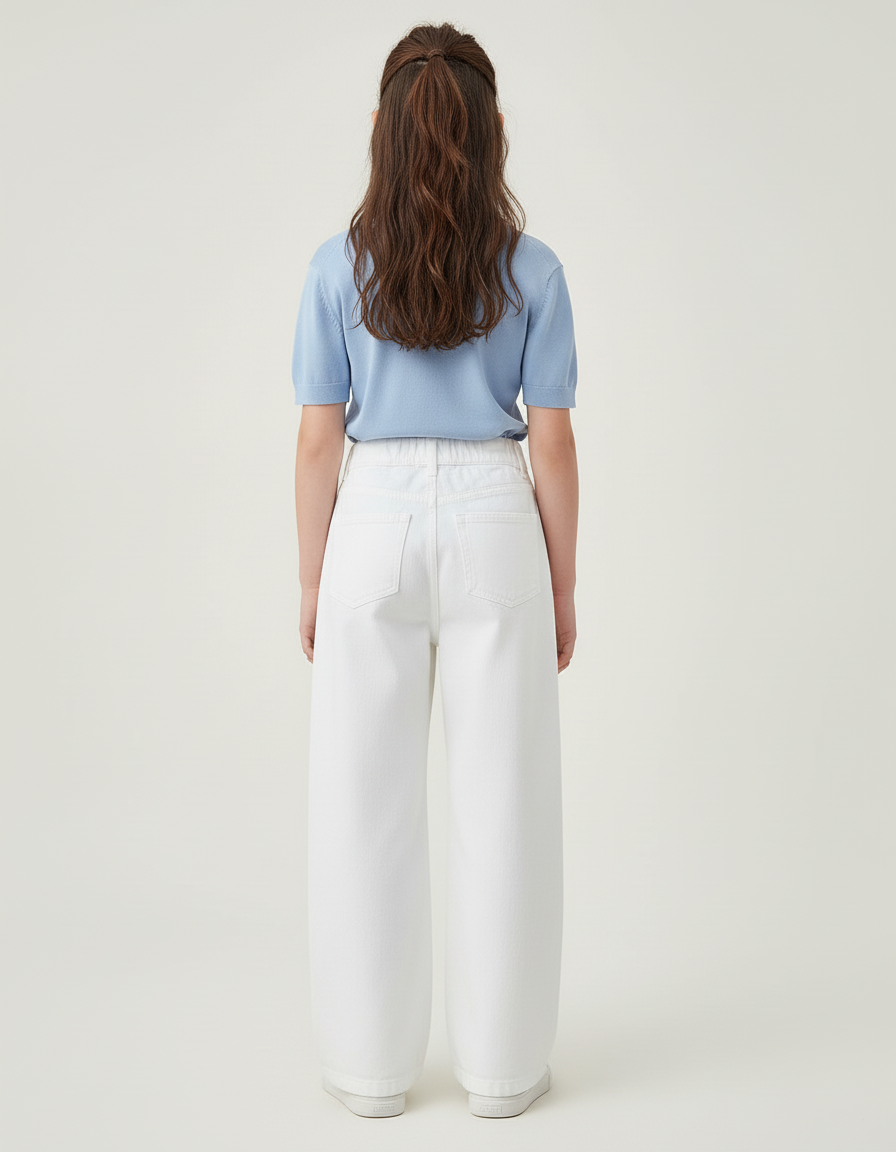 Pantalon Blanc Large Droit Coton Fille Décontracté - Jean - vue 2
